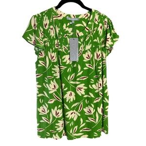 Daniel Rainn Green Floral Short‎ Sleeve Top Pintuck Detail Blouse